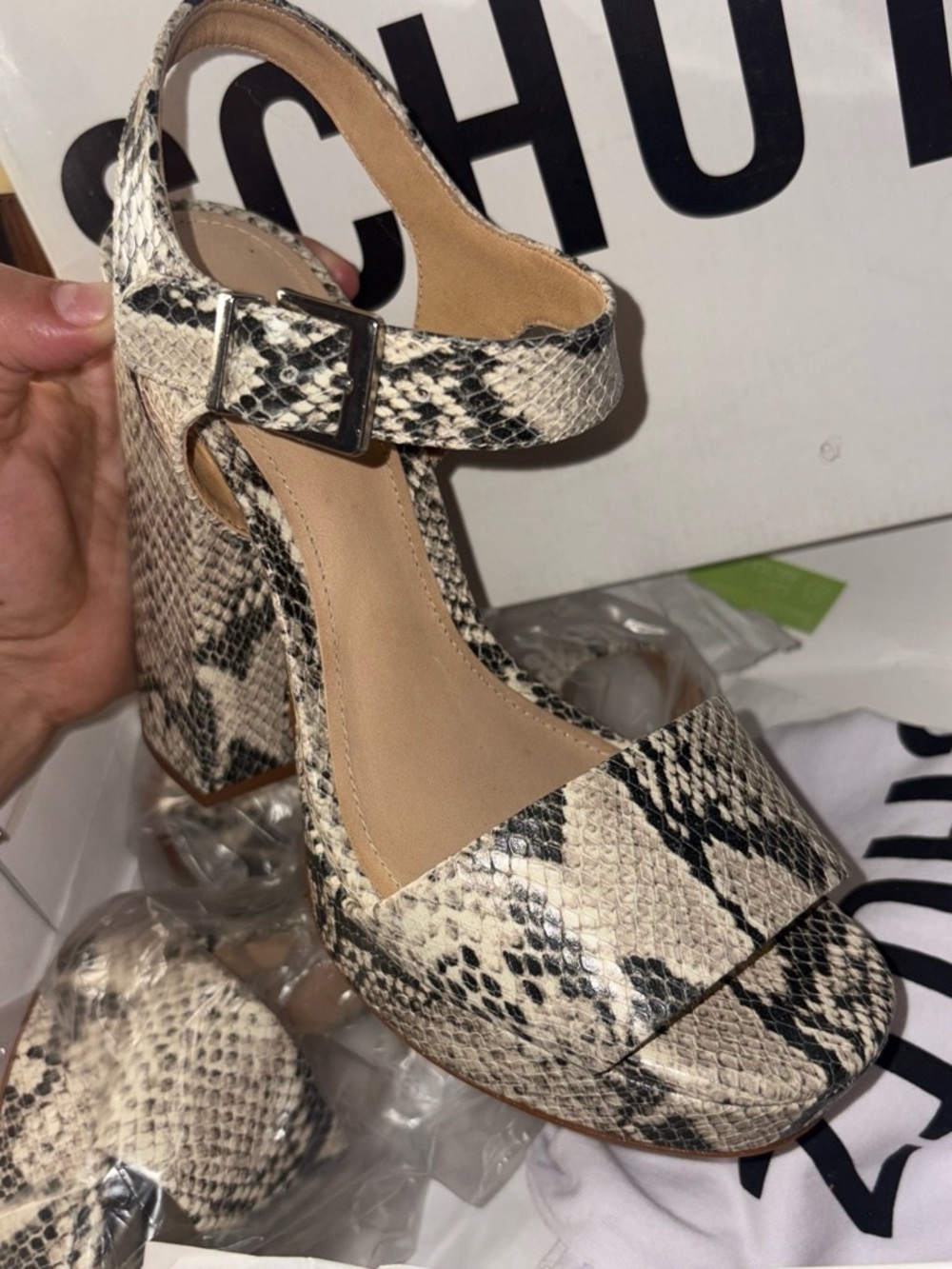 SCHUTZ Snake-Print Block Heel Sandals - Cream and Black